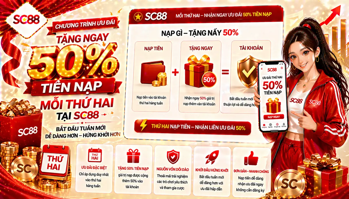 Chương trình tặng 50% tiền nạp mỗi thứ hai tại SC88 giúp người dùng bắt đầu tuần mới dễ dàng hơn
